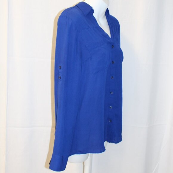 Lot Express Women’s Long Sleeve Button Up Shirts Size Small Black Blue Polka Dot - Picture 6 of 12